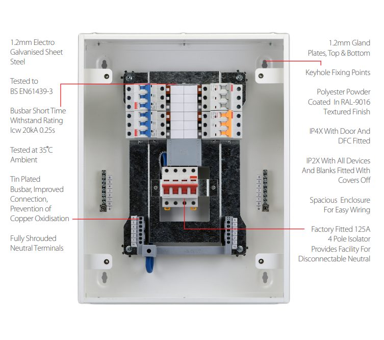 Contactum RCD Type B Distribution Board 4 TP Ways  Provision for Iso- Board Rated 125A - DDB125PIR04