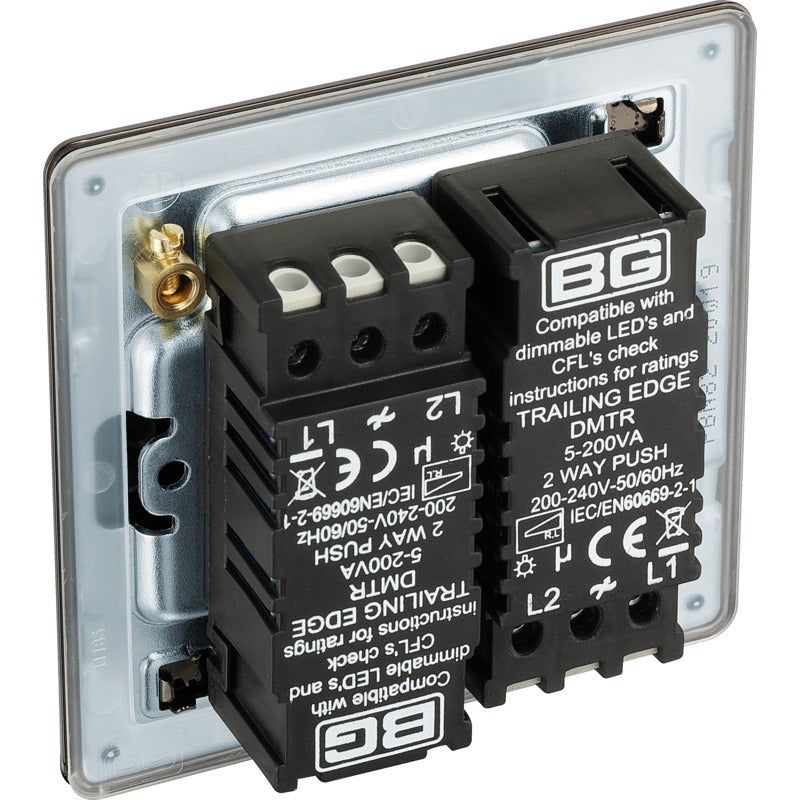 BG FBN82 Screwless Flatplate Black Nickel Intelligent 400W Double Dimmer Switch, 2-Way Push On-Off