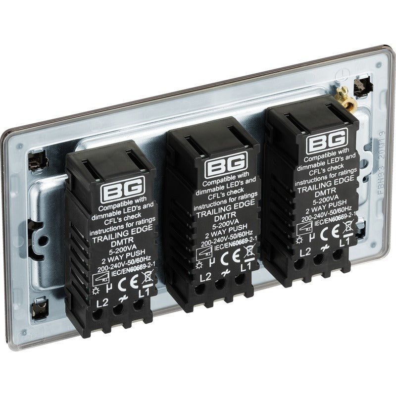 BG FBN83 Screwless Flatplate Black Nickel Intelligent 400W Triple Dimmer Switch, 2-Way Push On-Off
