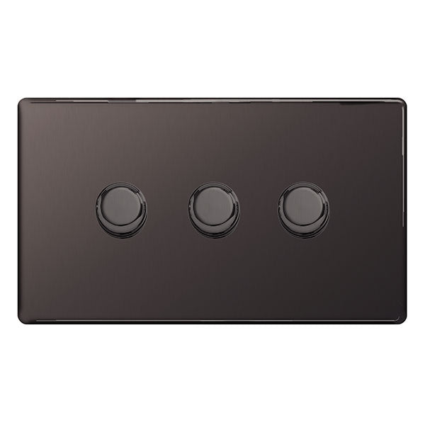 BG FBN83P Screwless Flatplate Black Nickel 400W Triple Dimmer Switch, 2-Way Push On-Off