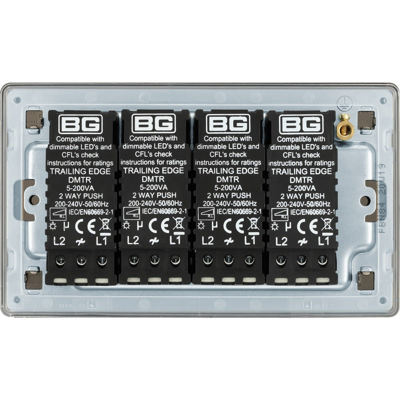 BG FBN84 Screwless Flatplate Black Nickel Intelligent  400W 4-Gang Dimmer Switch, 2-Way Push On-Off