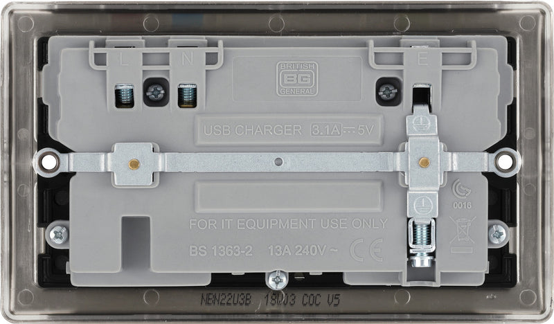 BG NBN22U3B Nexus Metal Black Nickel 2x Swi. 13A Power Skt w- Usb Charging - 2X Usb Skts (3.1A)