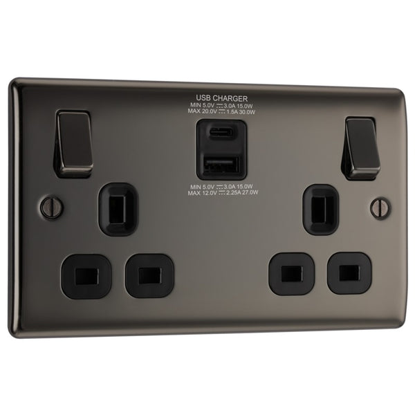 BG NBN22UAC30B Nexus Metal Black Nickel Double 13A Socket with Type A and C Charger 30W