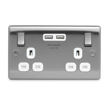 BG NBS22U3 Nexus Metal Brushed Steel 2x Swi. 13A Power Skt w- Usb Charging - 2X Usb Skts (3.1A)