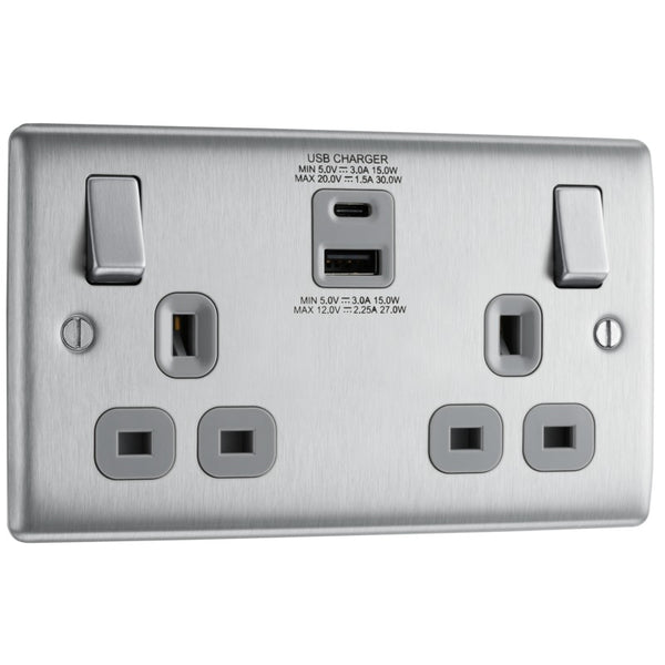 BG NBS22UAC30G Nexus Metal Brushed Steel Double 13A Socket with Type A and C Charger 30W