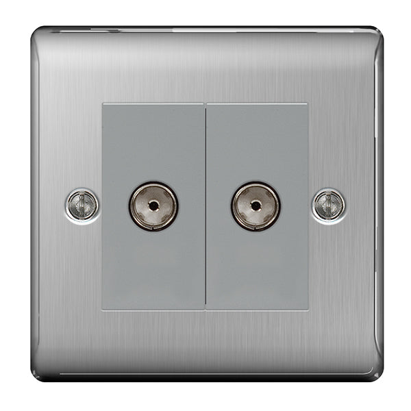 BG NBS61 Nexus Metal Brushed Steel Twin Socket for Tv or FM Co-Axial Aerial Connection