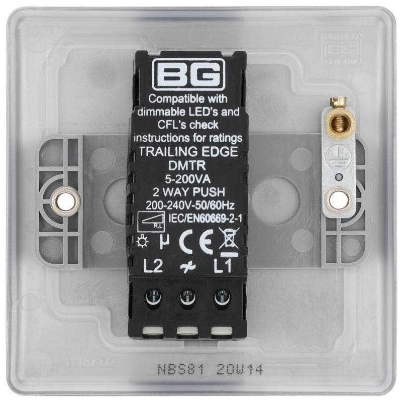 BG NBS81 Nexus Metal Brushed Steel 400W Intelligent Single Dimmer Switch, 2-Way Push On-Off