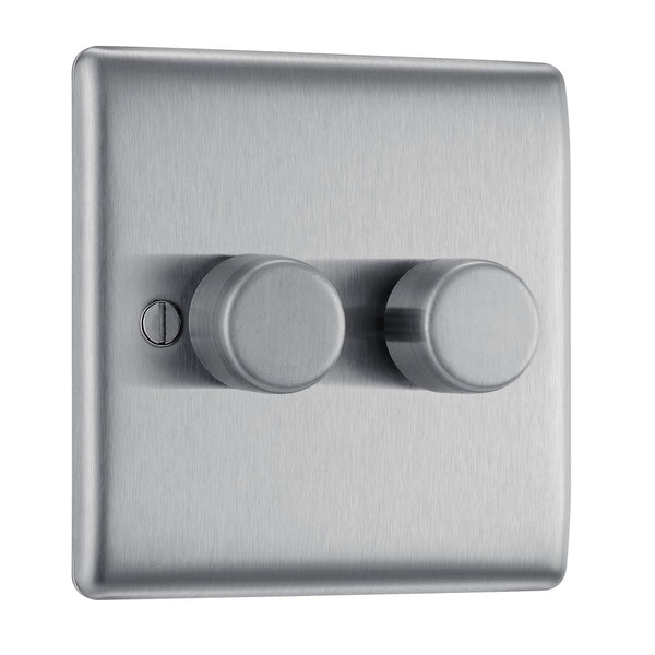 BG NBS82 Nexus Metal Brushed Steel Intelligent 400W Double Dimmer Switch, 2-Way Push On-Off