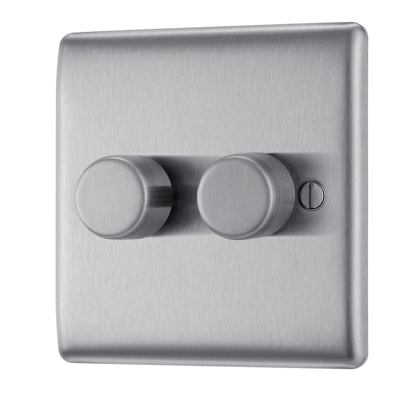 BG NBS82 Nexus Metal Brushed Steel Intelligent 400W Double Dimmer Switch, 2-Way Push On-Off