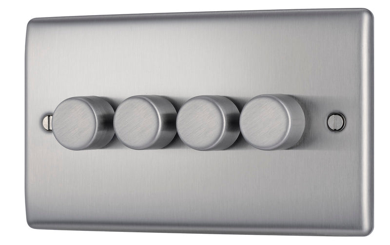 BG NBS84 Nexus Metal Brushed Steel Intelligent 400W Quadruple Dimmer Switch, 2-Way Push On-Off