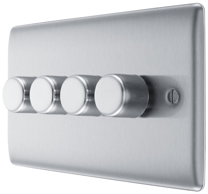 BG NBS84 Nexus Metal Brushed Steel Intelligent 400W Quadruple Dimmer Switch, 2-Way Push On-Off