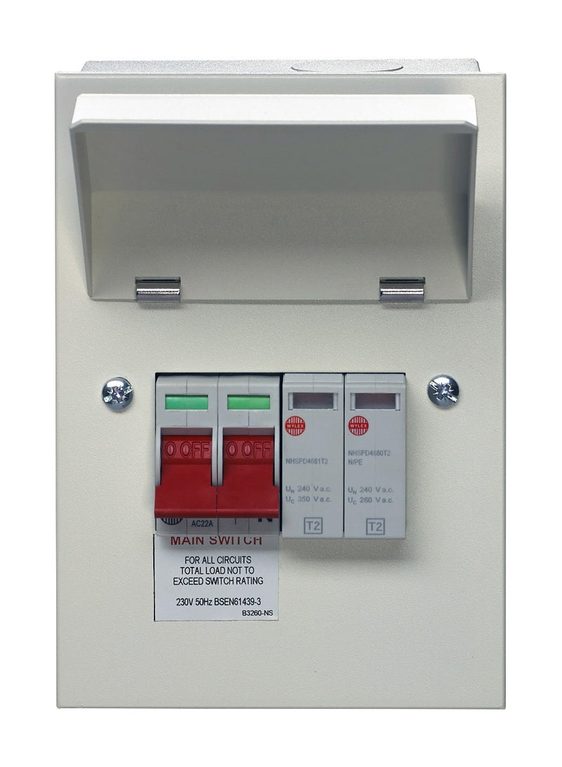 Wylex NMRECSPD Metal Consumer Unit Enclosure with 100A DP Supply Isolator and Type 2 SPD
