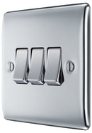 BG NPC43 Nexus Metal Polished Chrome Triple Switch, 10Ax 2 Way