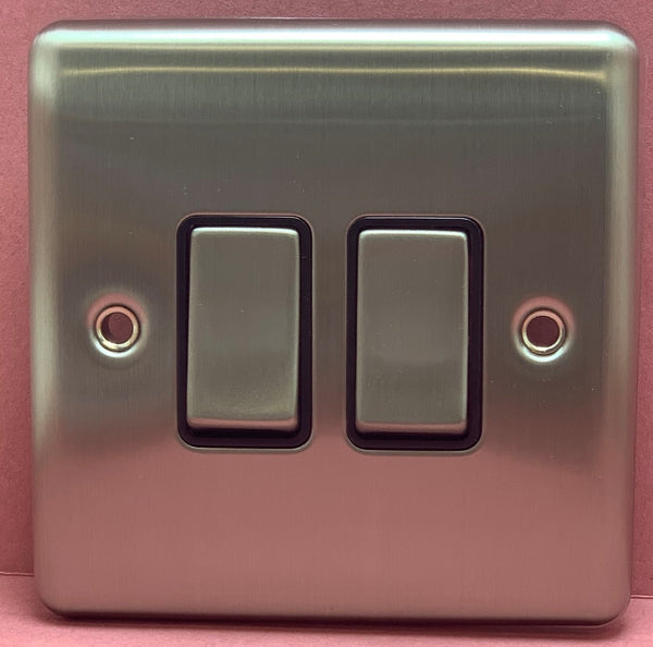Quadrant Decor Double Light Switch 2-way 10A Satin Chrome & Black Insert - QD-3022-SC-B