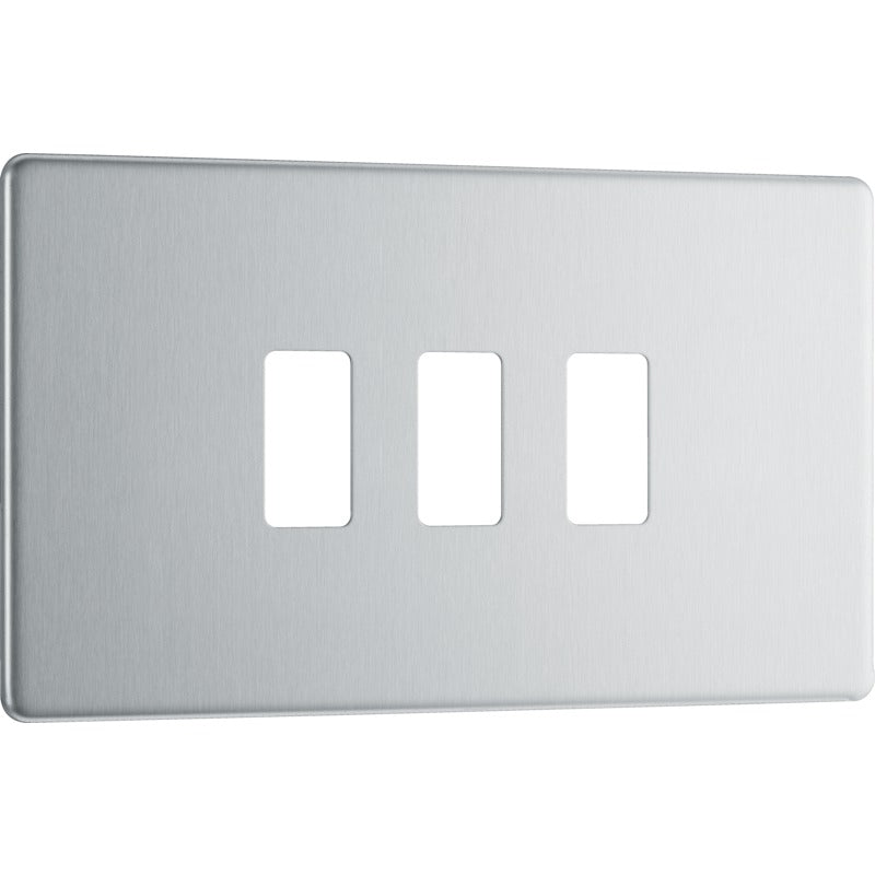 BG RFBS3 Nexus Brushed Steel 3-Module Grid Front Plate - Screwless