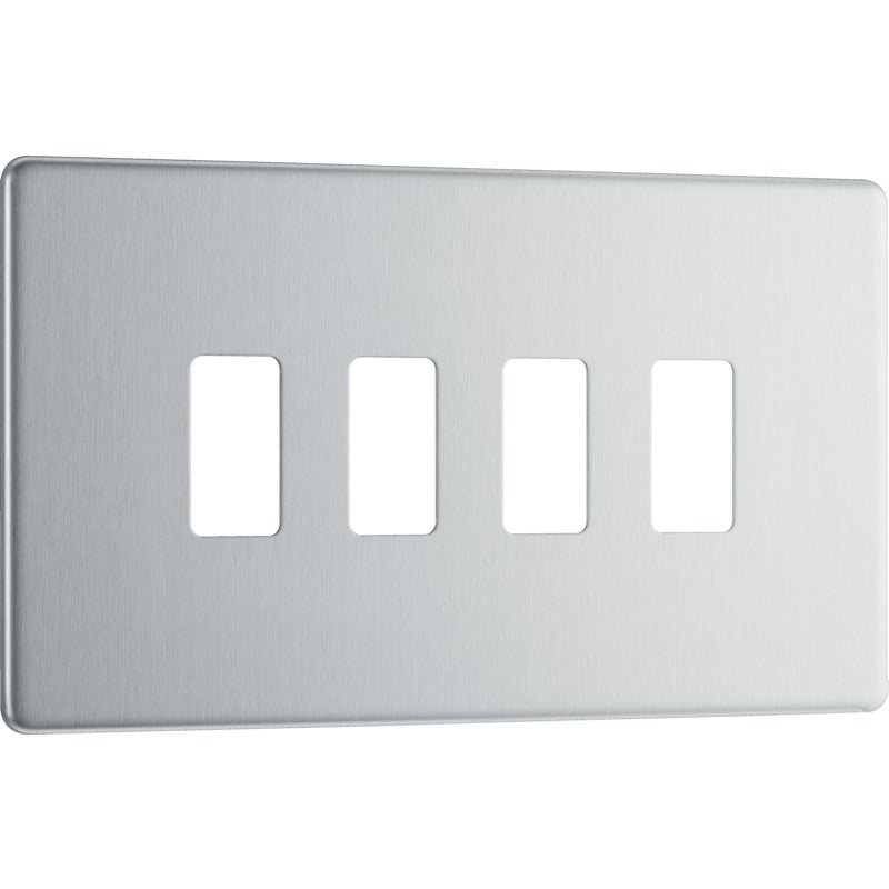 BG RFBS4 Nexus Brushed Steel 4-Module Grid Front Plate - Screwless