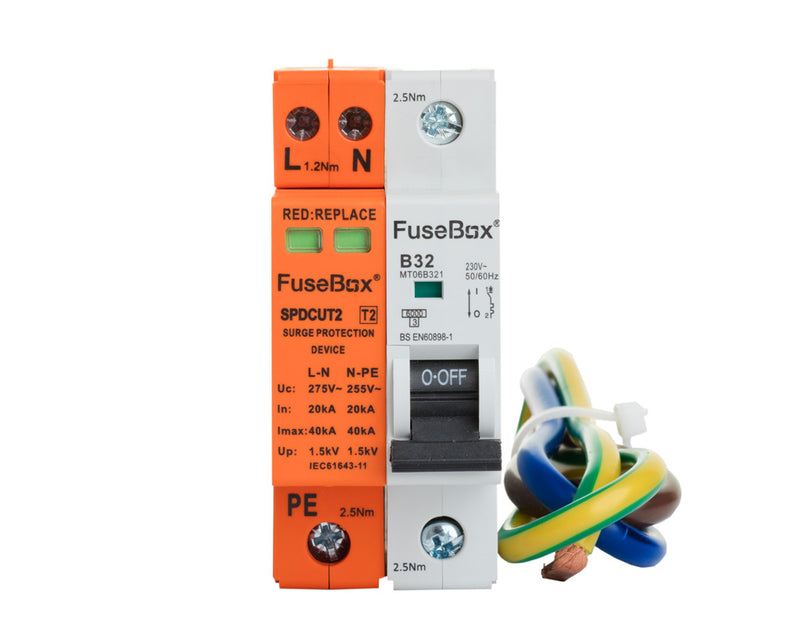 Fusebox SPDCUKITT2 T2 Surge Protection Device (18mm) With 32a MCB And Cables